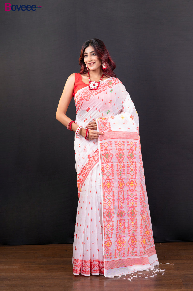 OFFWHITE COTTON JAMDANI SAREE WITH RED COLOR WOVEN MOTIFS  Boveee