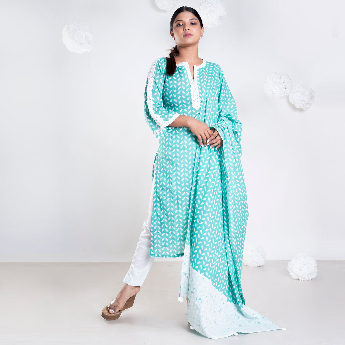 Sea Green Embroidered Pure Cotton Straight Kurta Sets With Dupatta