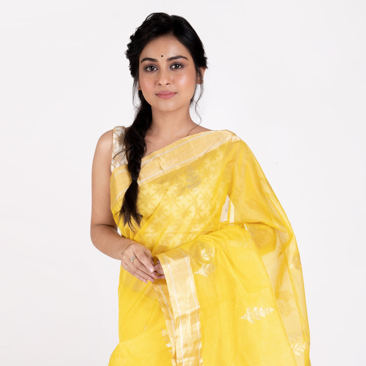 Buy chanderi silk saree Fresh yellow pure with woven leaf motifs Boveee