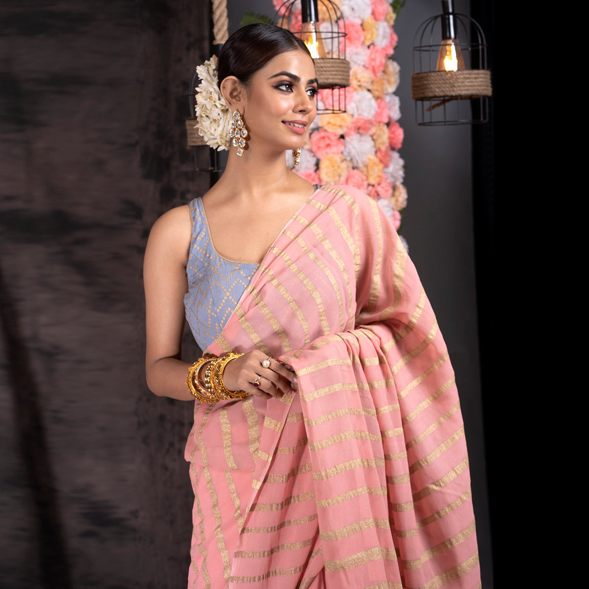 Buy Now! Salmon Pink Pure Saree with Asymmetric Stripe Boveee