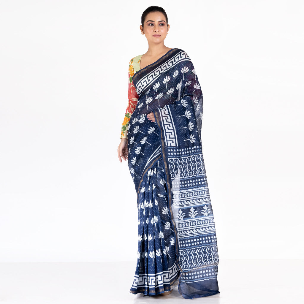 INDIGO COTTON SILK CHANDERI SAREE WITH LILLY PRINT