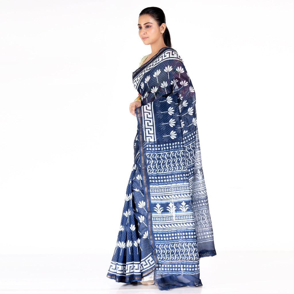 INDIGO COTTON SILK CHANDERI SAREE WITH LILLY PRINT