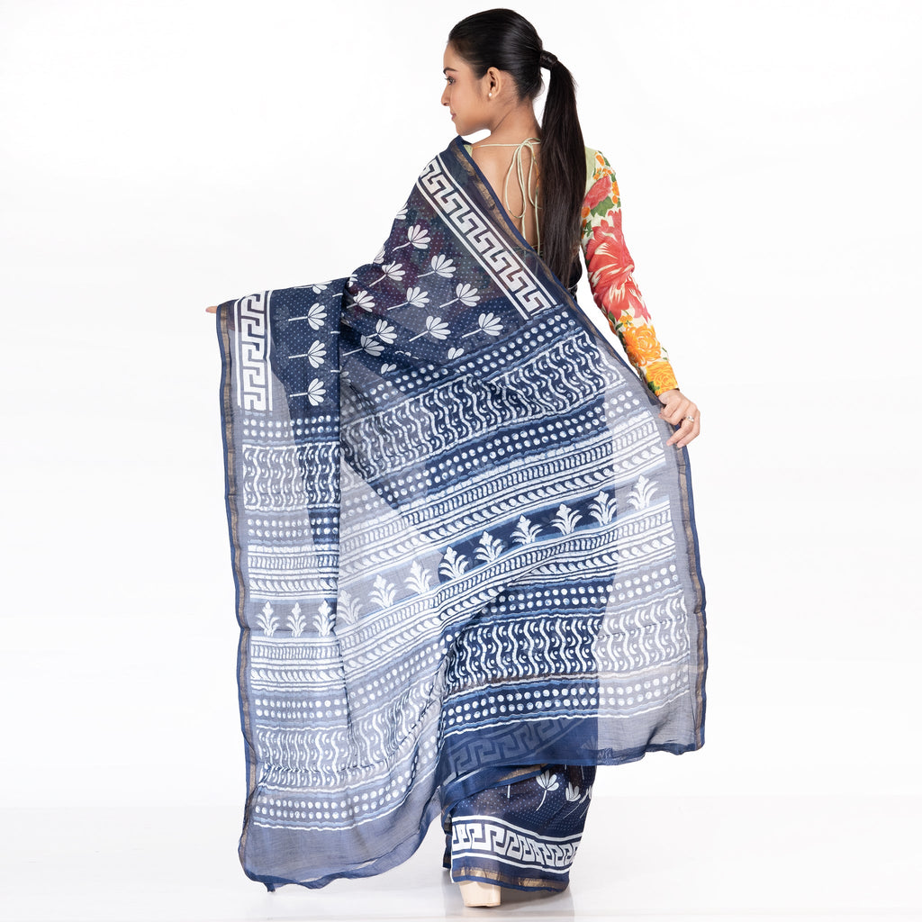 INDIGO COTTON SILK CHANDERI SAREE WITH LILLY PRINT