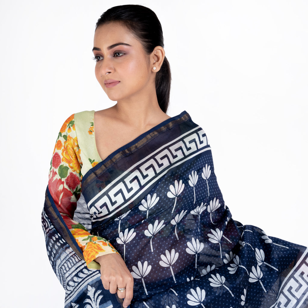 INDIGO COTTON SILK CHANDERI SAREE WITH LILLY PRINT