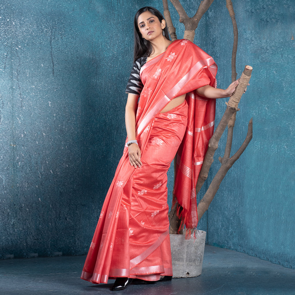 CORAL SLUB SILK BLENDED COTTON SAREE WITH CHANDERI MOTIFS