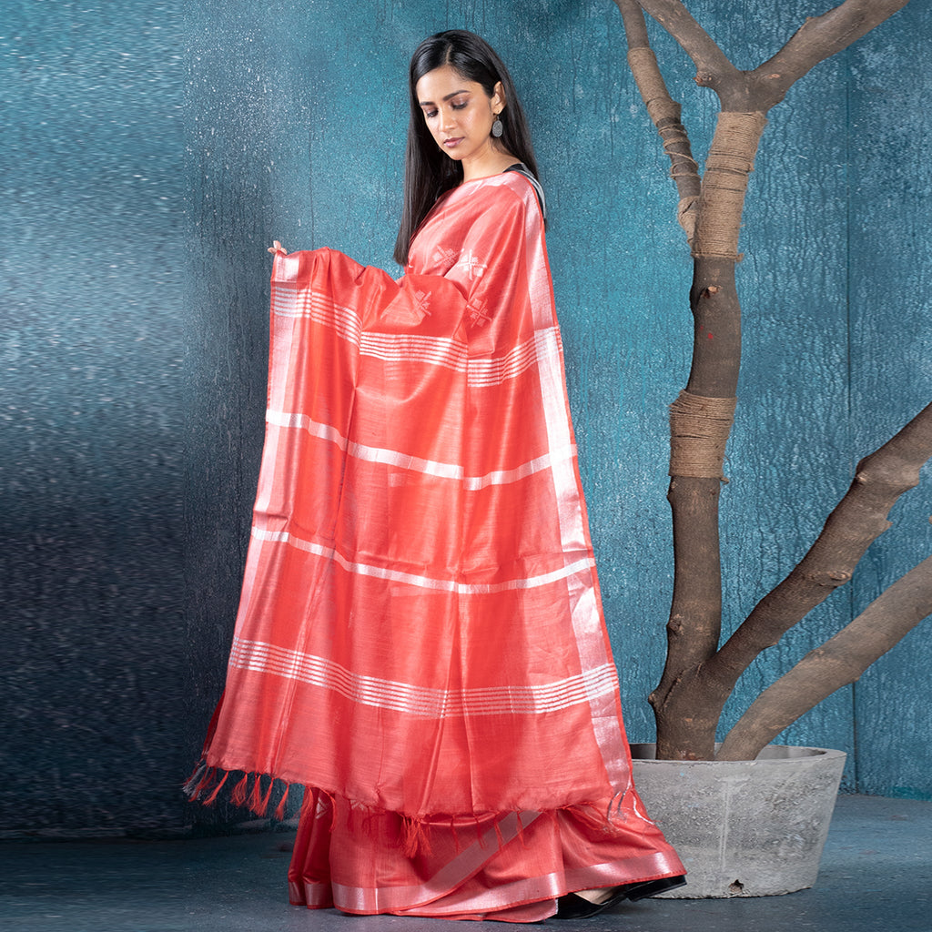 CORAL SLUB SILK BLENDED COTTON SAREE WITH CHANDERI MOTIFS