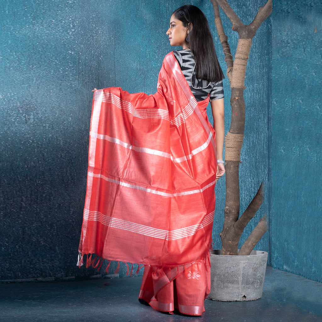 CORAL SLUB SILK BLENDED COTTON SAREE WITH CHANDERI MOTIFS