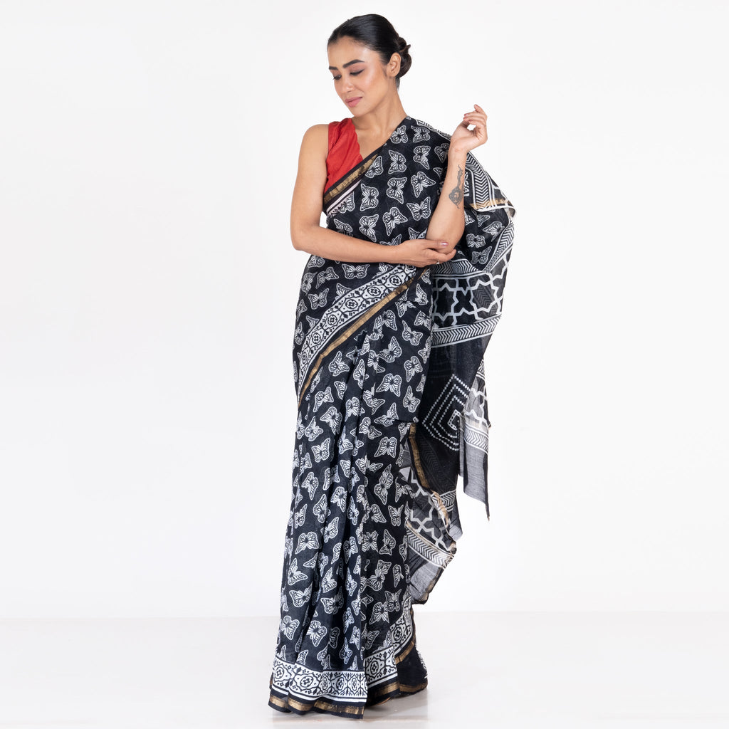 BLACK COTTON SILK CHANDERI SAREE WITH BUTTERFLY PRINT