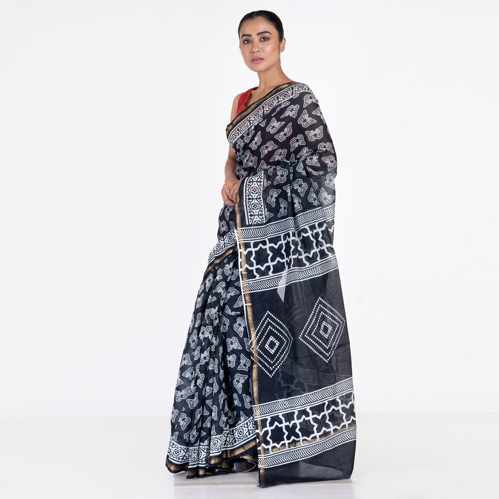 BLACK COTTON SILK CHANDERI SAREE WITH BUTTERFLY PRINT