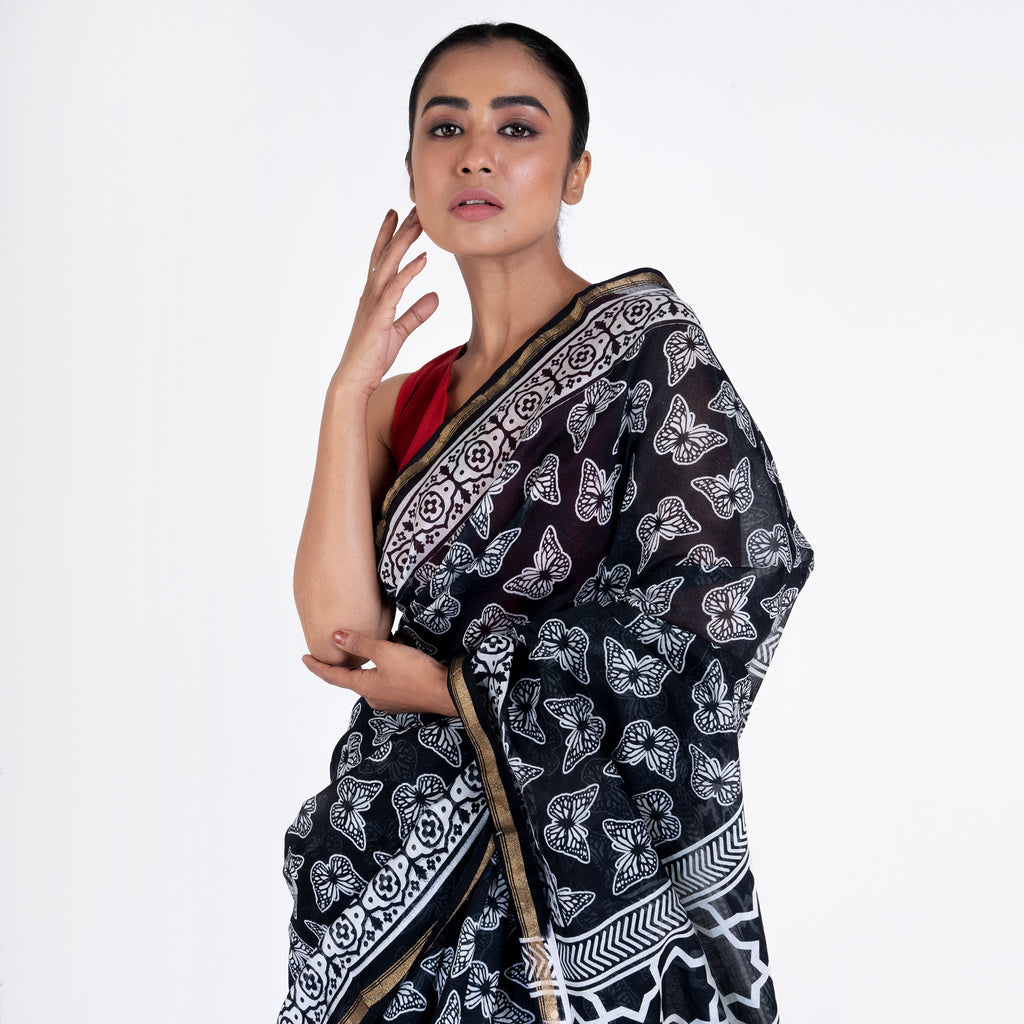 BLACK COTTON SILK CHANDERI SAREE WITH BUTTERFLY PRINT