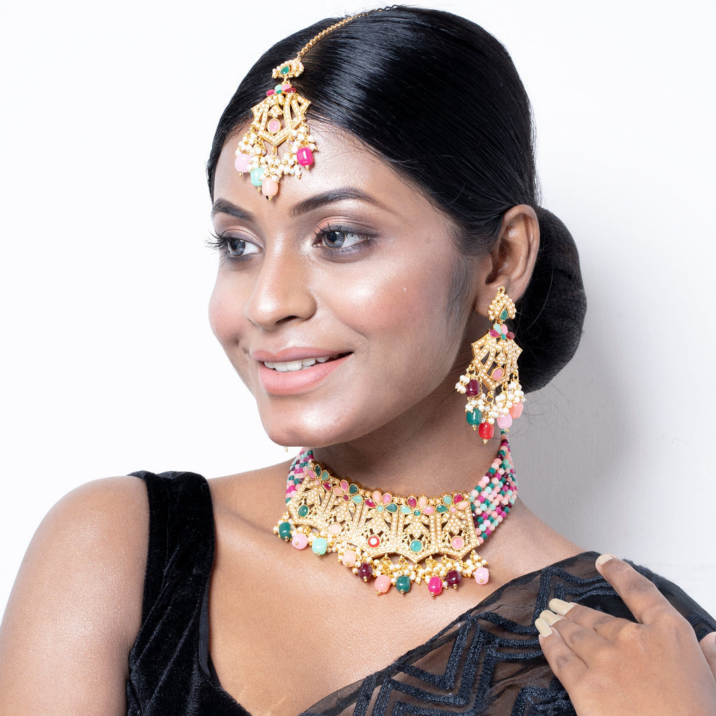 GOLDEN MULTICOLOR NECKLACE SET WITH MANG TIKA