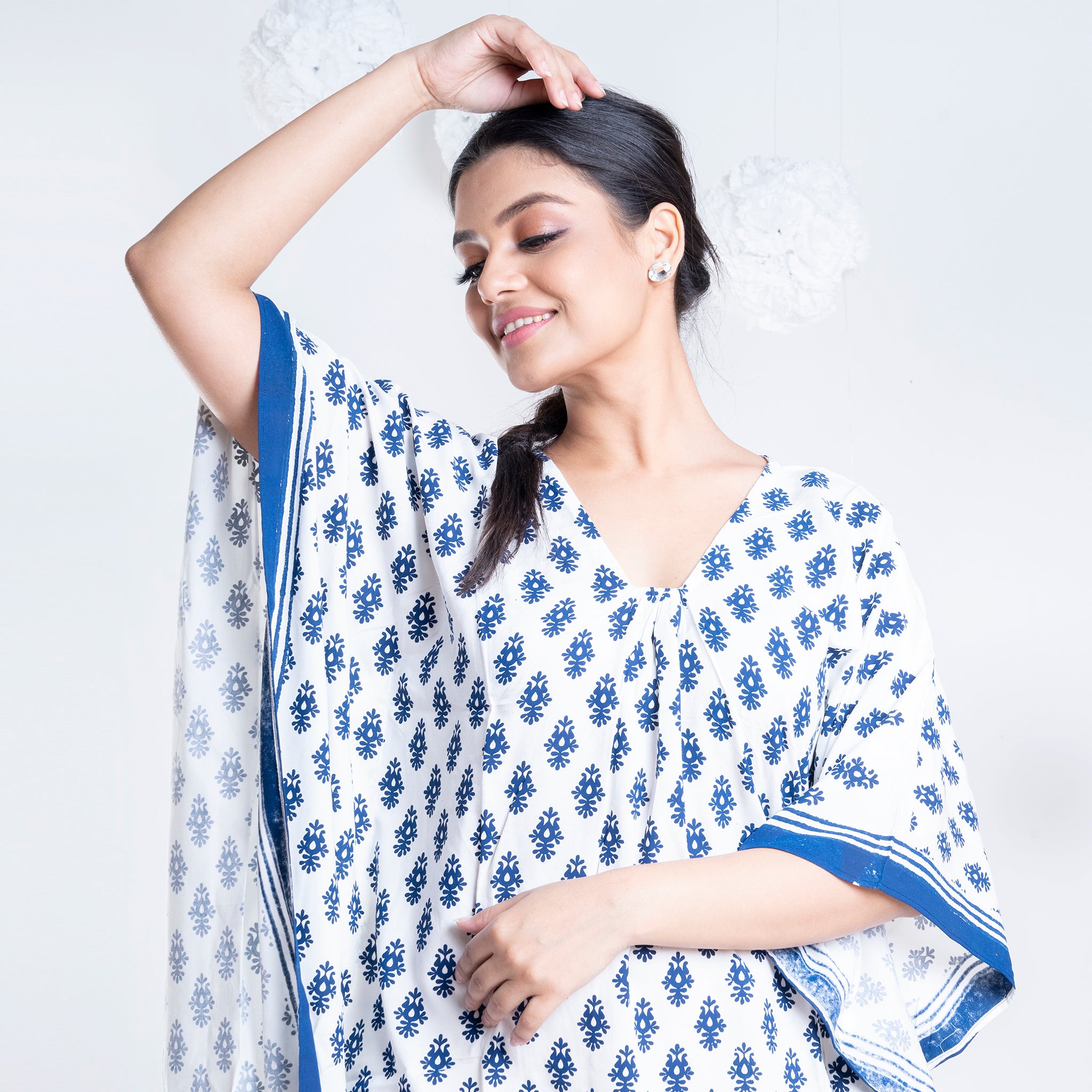 White color blue block printed rayon kaftan kurta – Boveee