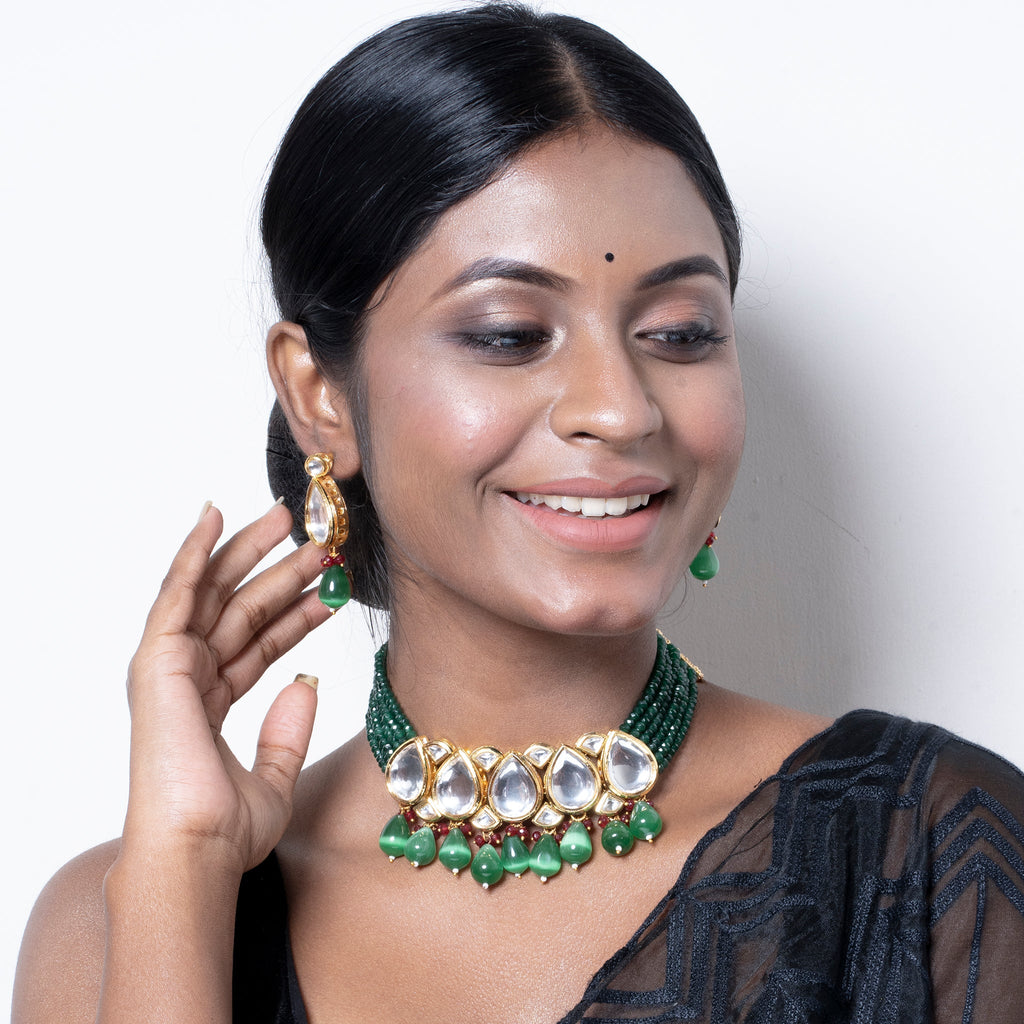 GREEN CRYSTAL POLKI DROPLET NECKALCE SET