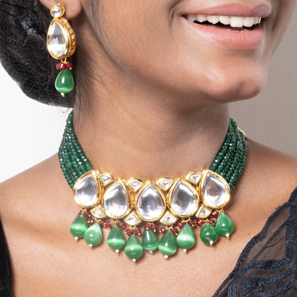 GREEN CRYSTAL POLKI DROPLET NECKALCE SET