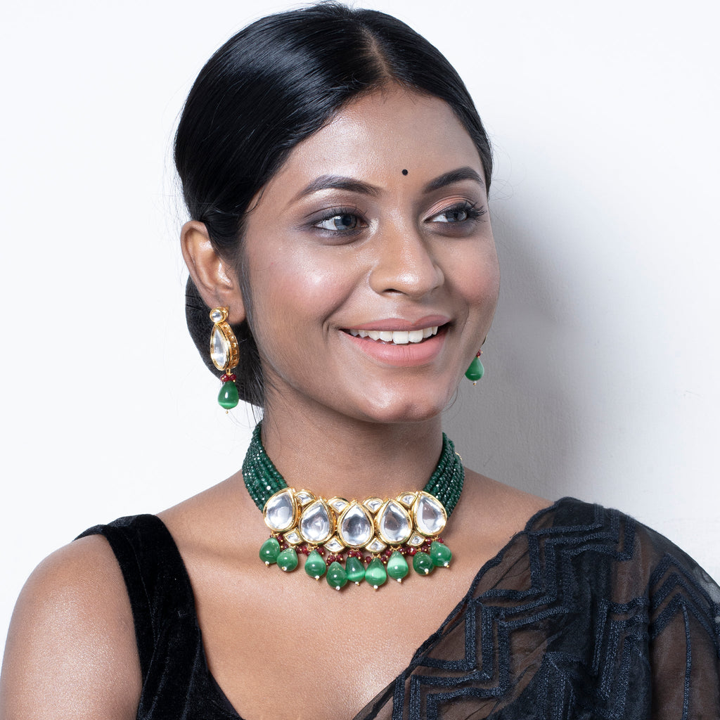 GREEN CRYSTAL POLKI DROPLET NECKALCE SET