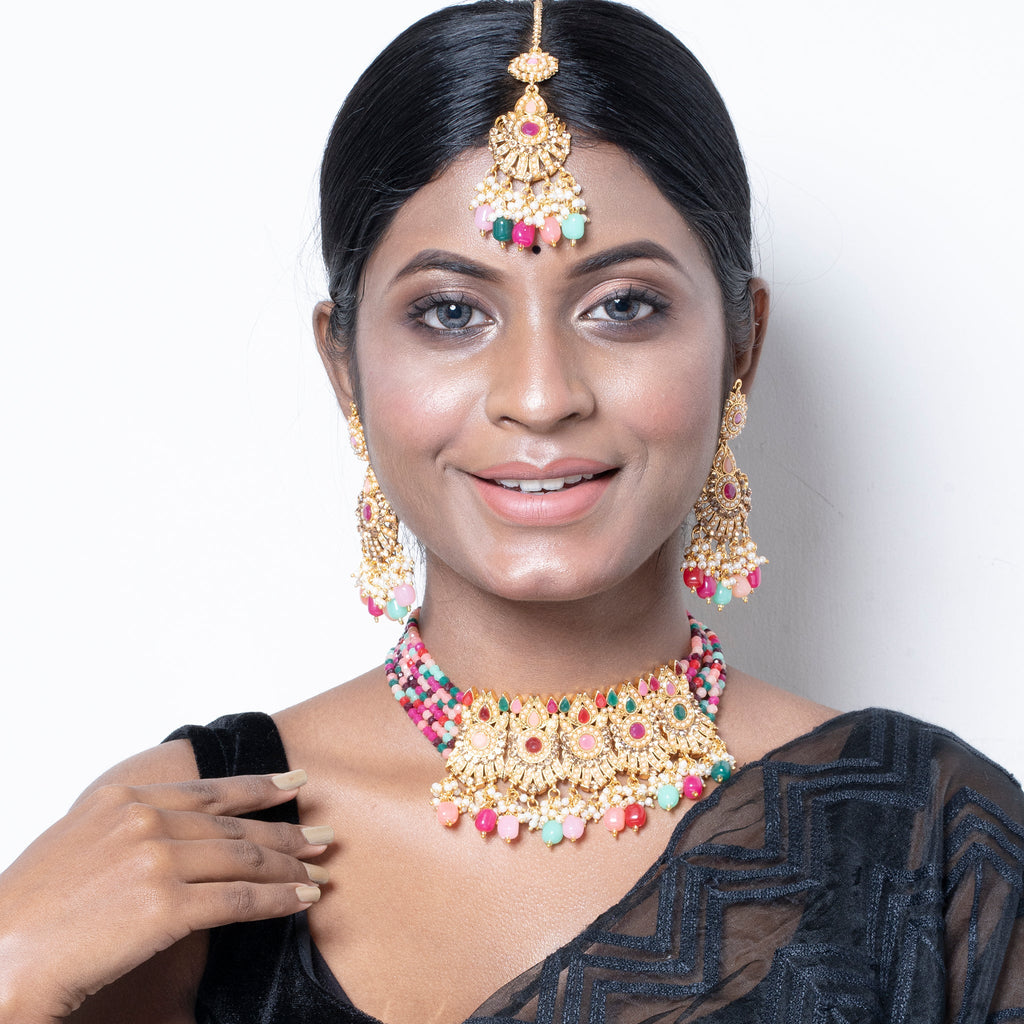 GOLDEN KARIGARI MULTICOLOR NECKLACE SET WITH MANG TIKA
