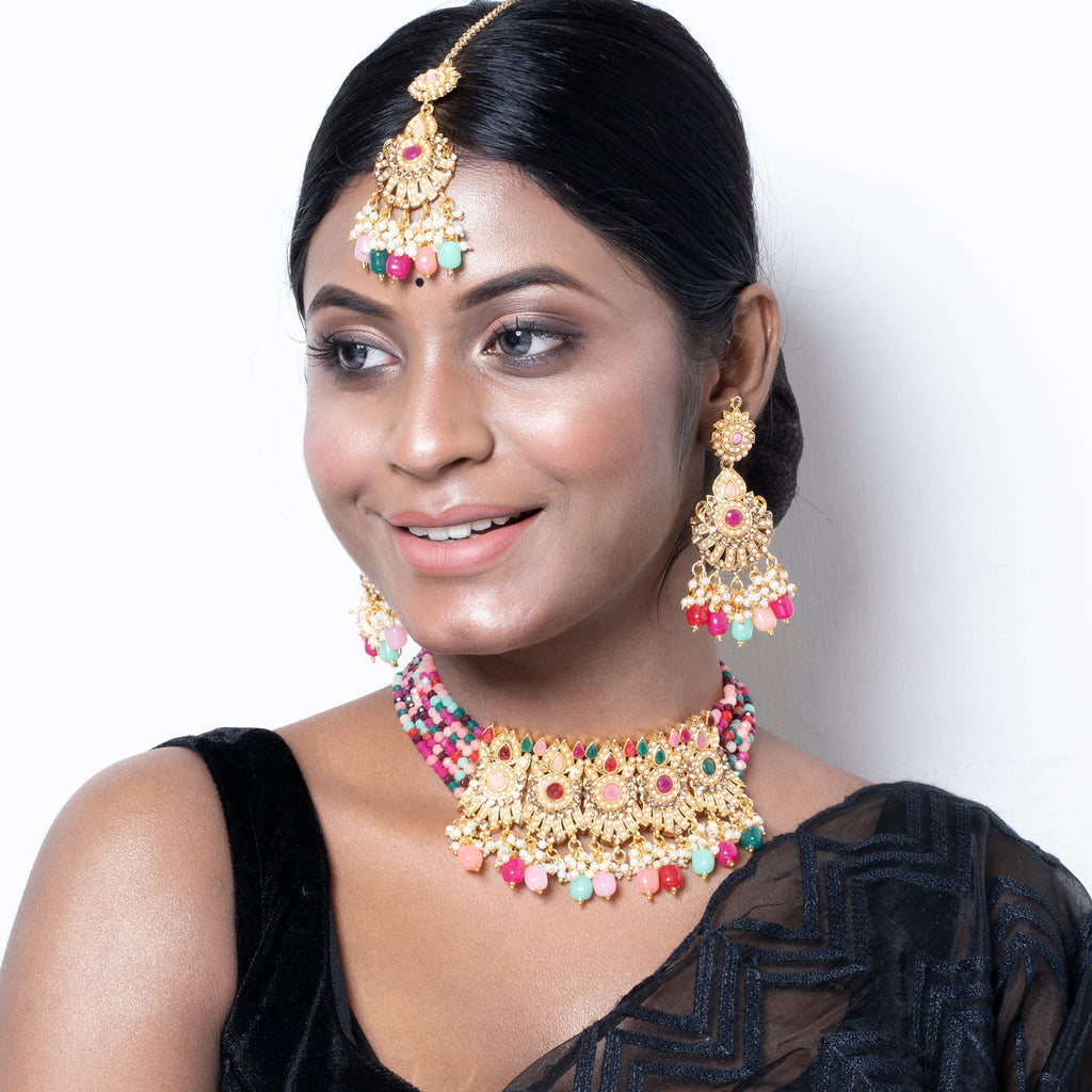 GOLDEN KARIGARI MULTICOLOR NECKLACE SET WITH MANG TIKA