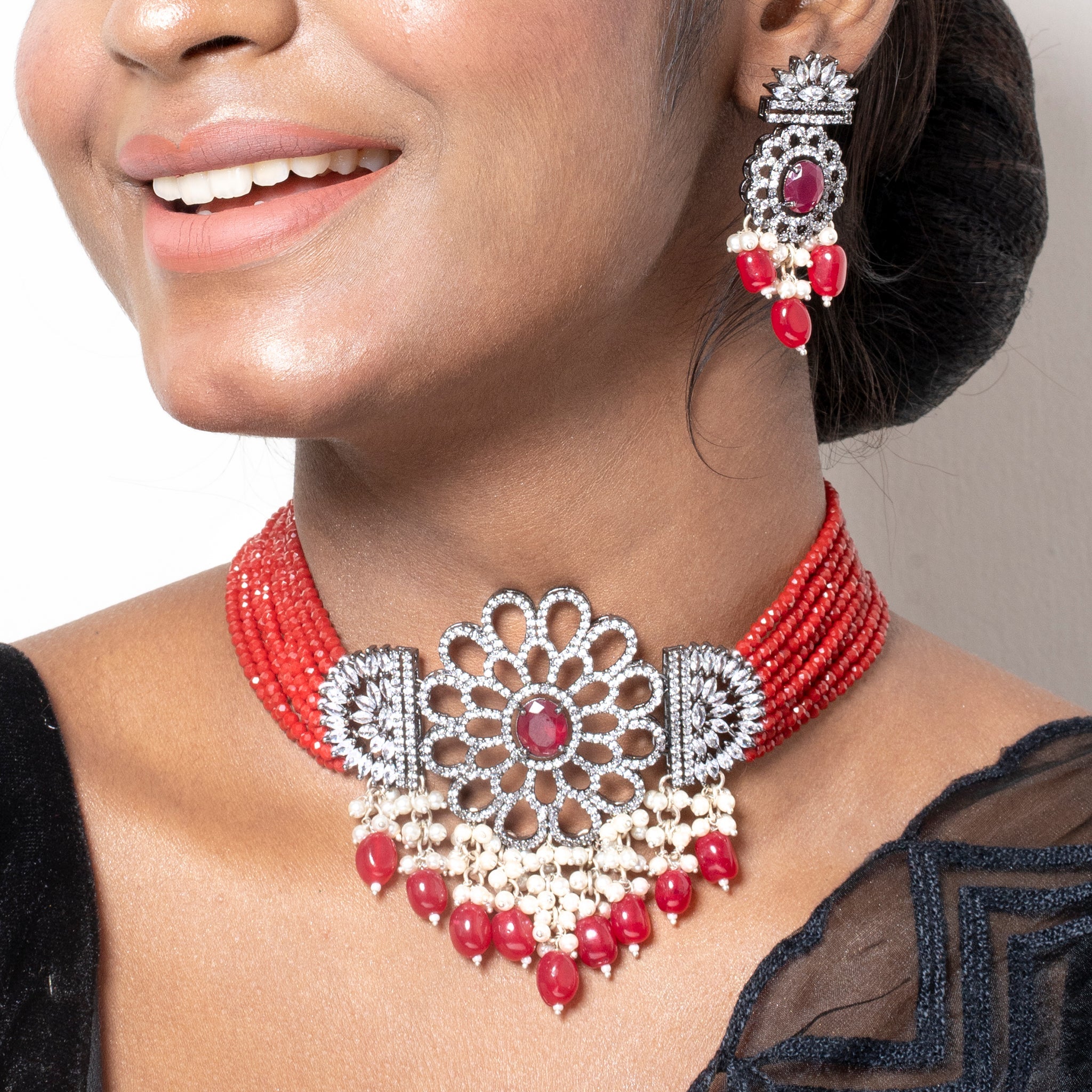 Red crystal choker necklace set Boveee