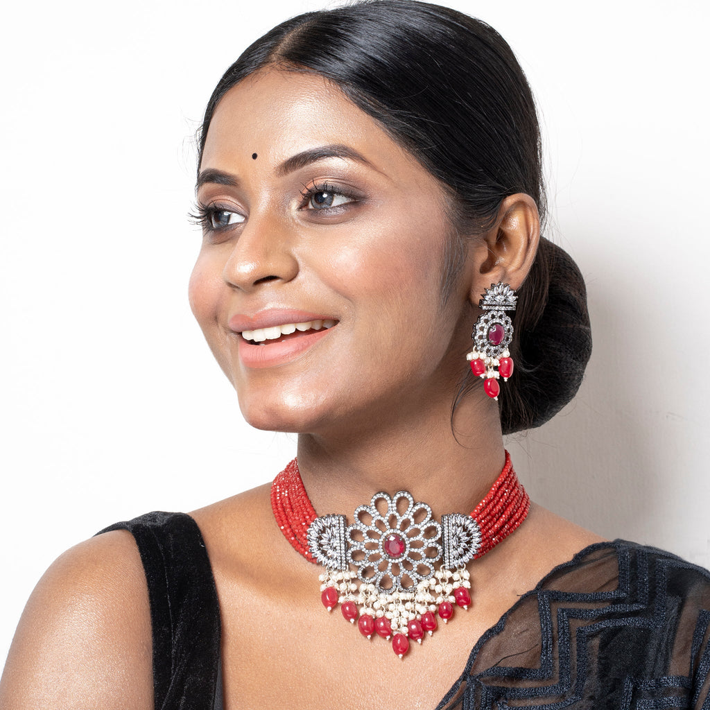 RED CRYSTAL CHOKER NECKLACE SET