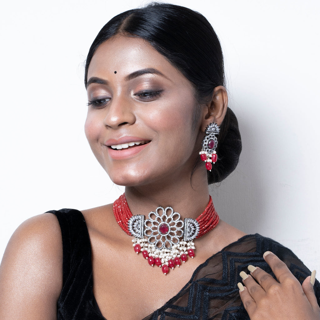 RED CRYSTAL CHOKER NECKLACE SET
