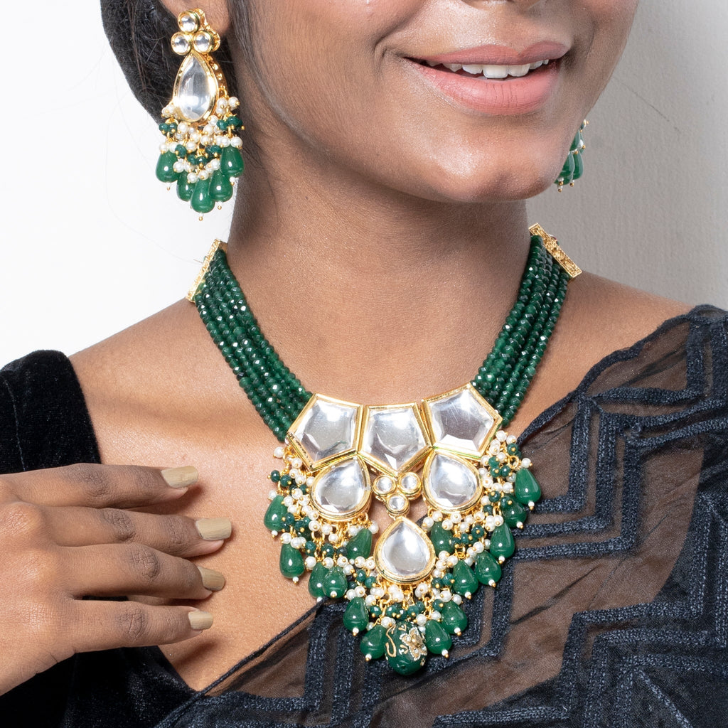 GREEN CRYSTAL POLKI NECKALCE SET