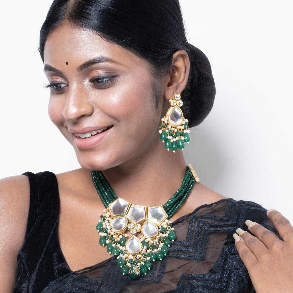 GREEN CRYSTAL POLKI NECKALCE SET