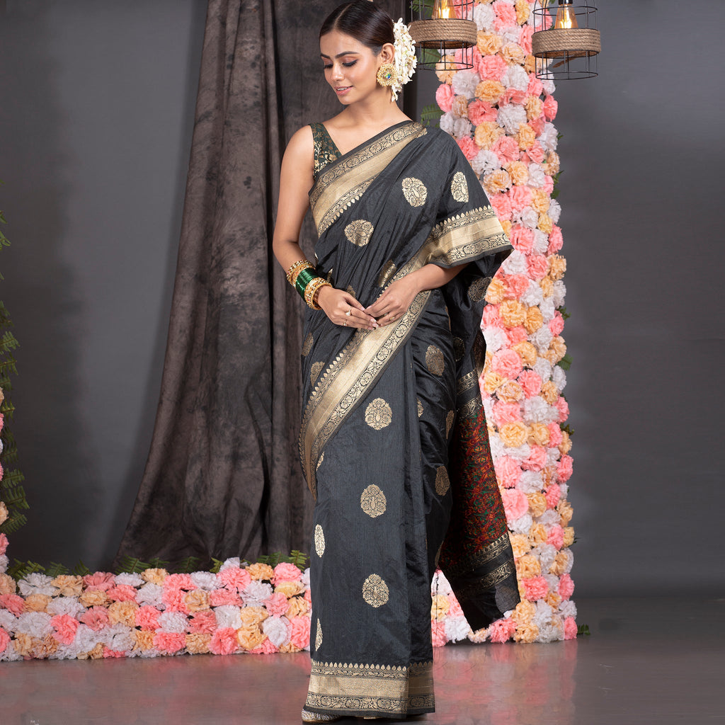 BLACK CHANDERI SILK SAREE WITH GOLDEN BORDER AND PHULKARI PALLU