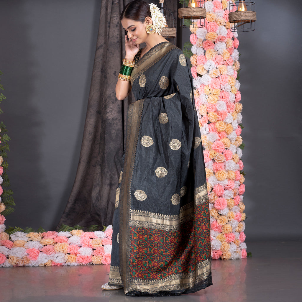 BLACK CHANDERI SILK SAREE WITH GOLDEN BORDER AND PHULKARI PALLU