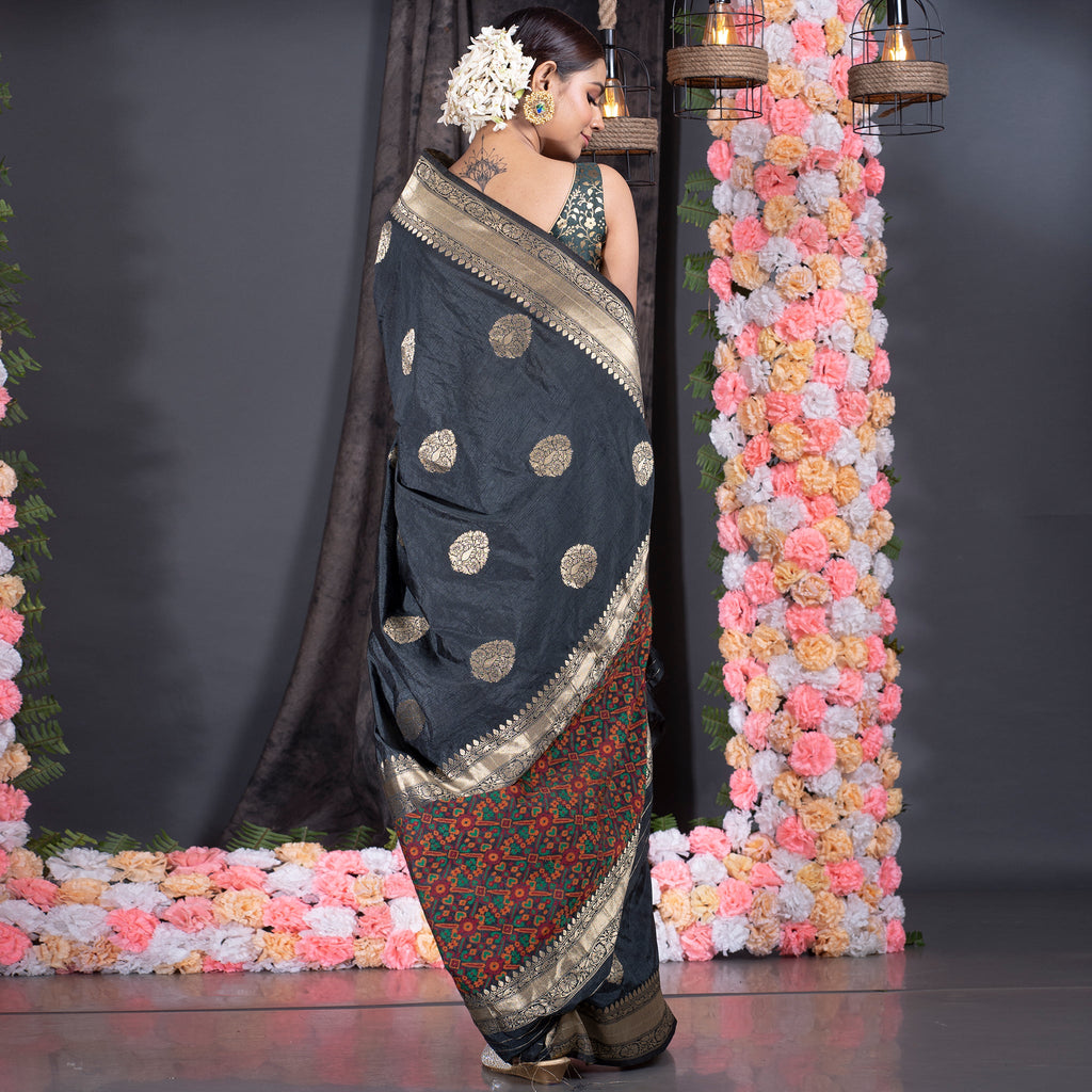 BLACK CHANDERI SILK SAREE WITH GOLDEN BORDER AND PHULKARI PALLU