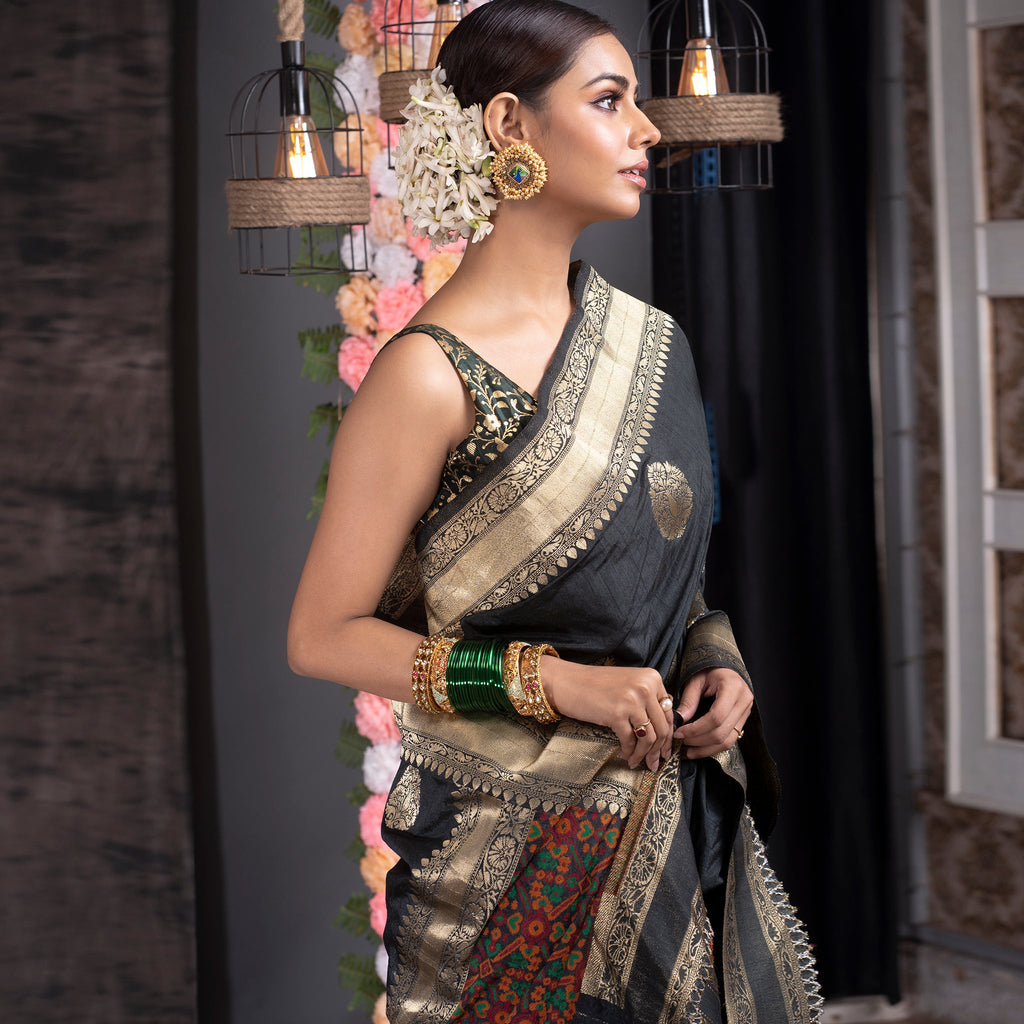 BLACK CHANDERI SILK SAREE WITH GOLDEN BORDER AND PHULKARI PALLU