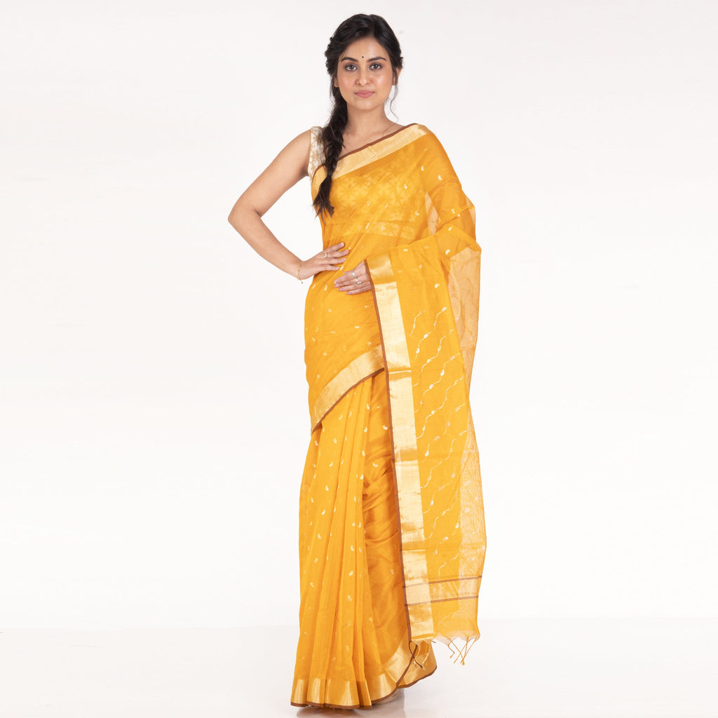 YELLOW PURE CHANDERI SILK SAREE WITH WOVEN KAIRI MOTIFS AND BORDER PALLU