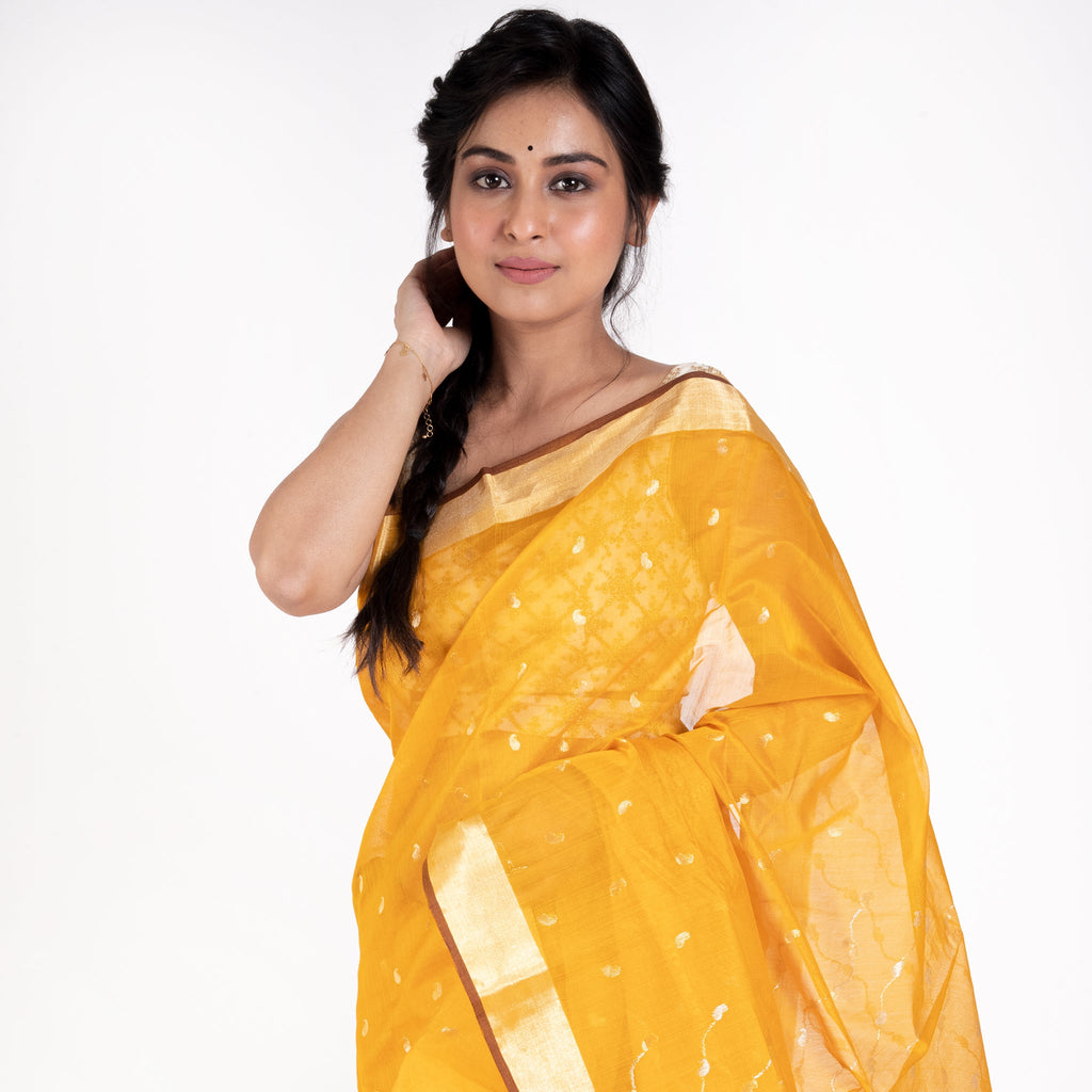 YELLOW PURE CHANDERI SILK SAREE WITH WOVEN KAIRI MOTIFS AND BORDER PALLU