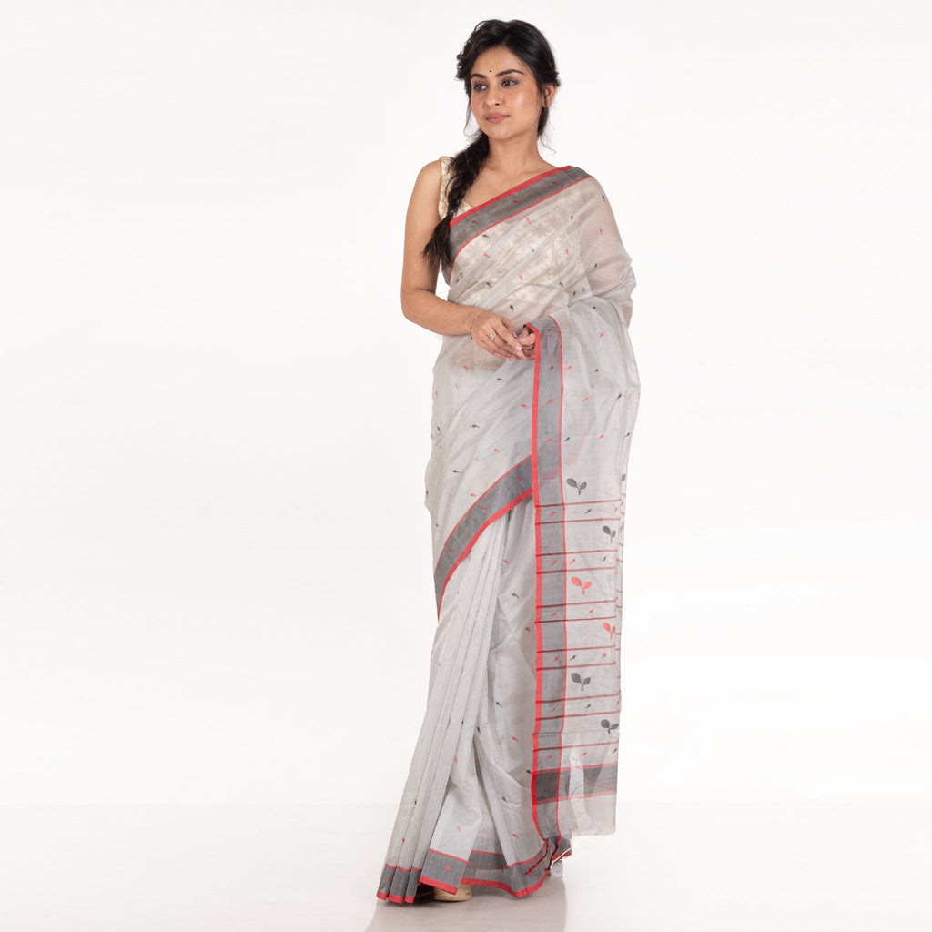 SEA GREY PURE CHANDERI SILK SAREE WITH BLACK BORDER AND DUAL COLOR BOOTI