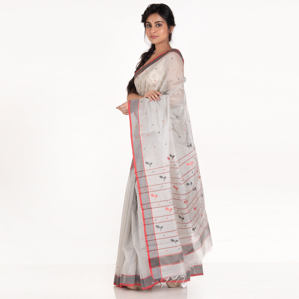 SEA GREY PURE CHANDERI SILK SAREE WITH BLACK BORDER AND DUAL COLOR BOOTI