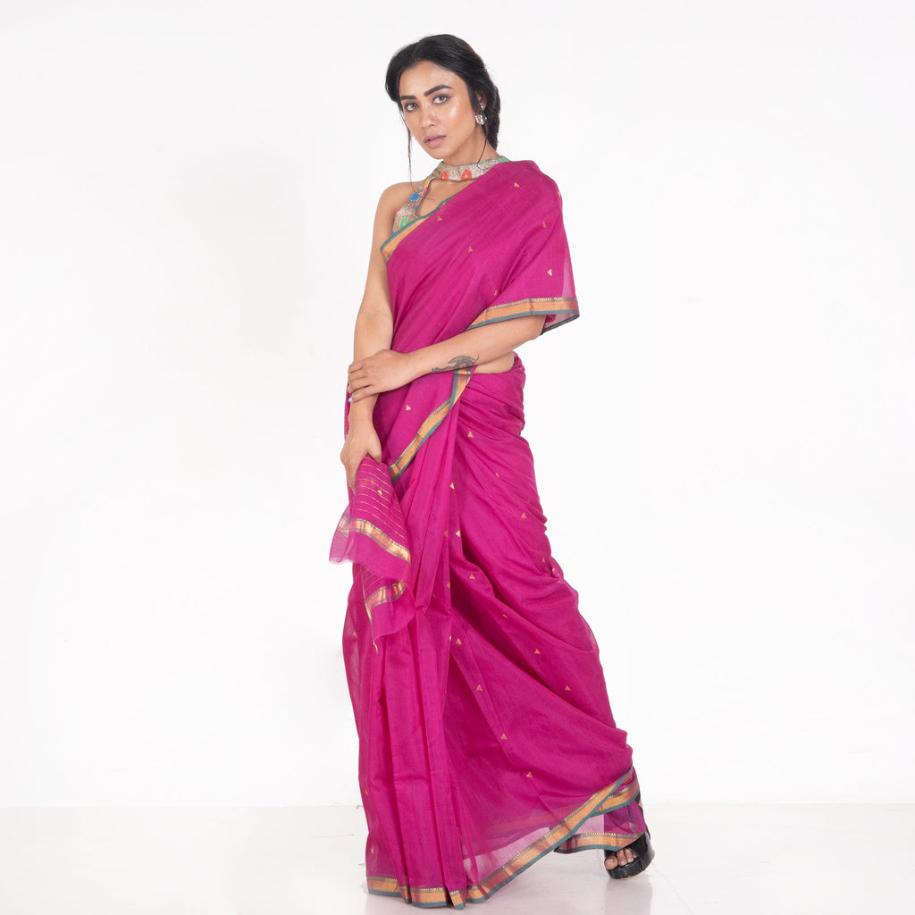 PINK PURE CHANDERI SILK SAREE WITH GOLDEN BORDER AND  BOOTI